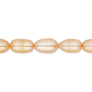 Pearl, cultured freshwater (dyed), apricot, 7-8mm rice, C grade, Mohs hardness 2-1/2 to 4. Sold per 16-inch strand.