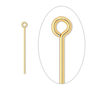 Eye pin, gold-plated brass, 1 inch, 21 gauge. Sold per pkg of 100.