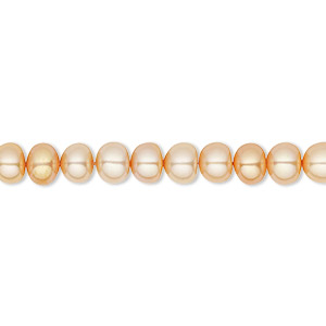Pearl, cultured freshwater (dyed), apricot, 5-6mm button, C grade, Mohs hardness 2-1/2 to 4. Sold per 16-inch strand.