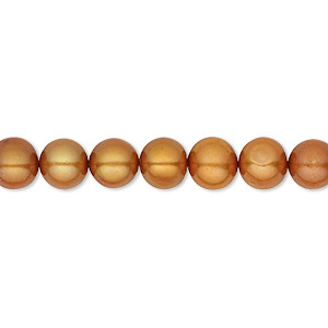 Pearl, cultured freshwater (dyed), copper, 7-8mm semi-round, C grade, Mohs hardness 2-1/2 to 4. Sold per 16-inch strand.