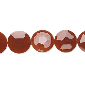 Bead, carnelian (dyed / heated), 12mm hand-cut faceted flat round, B+ grade, Mohs hardness 6-1/2 to 7. Sold per pkg of 5.