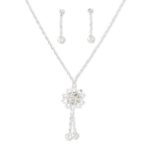 Necklace and earring set, rhinestone with silver-plated brass and steel, crystal clear, 20mm flower, 16 inches with 2-inch extender chain and springring clasp, earstud. Sold per set.