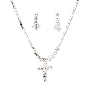 Necklace and earring set, rhinestone with silver-plated brass and steel, crystal clear, 28x18mm cross focal, 16 inches with 2-inch extender chain and springring clasp, earstud. Sold per set.
