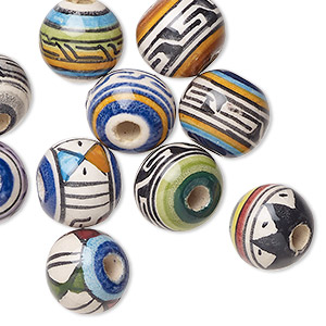 Bead mix, glazed ceramic, mixed colors, 9-11mm round with painted geometric design. Sold per pkg of 10.