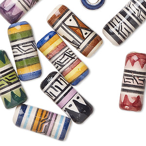 Bead mix, glazed ceramic, mixed colors, 15x7mm-17x8mm tube with painted geometric design. Sold per pkg of 10.