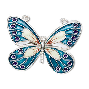 Focal, sterling silver with cloisonn&#233;, teal, 36x27mm butterfly. Sold individually.