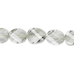 Bead, green quartz (natural), 11x9mm hand-cut faceted twisted flat oval, B+ grade, Mohs hardness 7. Sold per pkg of 5.