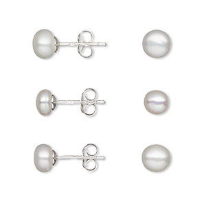 Earstud, cultured freshwater pearl (bleached) and sterling silver, white, 4-4.5mm / 5-5.5mm / 6-6.5mm button with post. Sold per pkg of 3 pairs.