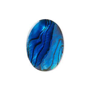 Cabochon, paua shell (coated / dyed), blue, 25x18mm calibrated oval, Mohs hardness 3-1/2. Sold individually.