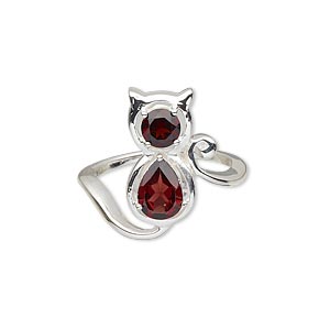 Ring, garnet (natural) and silver-plated sterling silver, 18x8mm cat with 8x6mm faceted pear and 5mm faceted round, size 8. Sold individually.