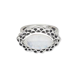 Ring, rainbow moonstone (natural) and antiqued sterling silver, 16x8mm ...