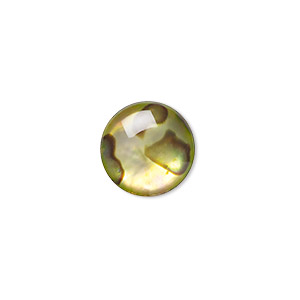 Cabochon, paua shell (coated / dyed), gold, 12mm calibrated round, Mohs hardness 3-1/2. Sold per pkg of 4.