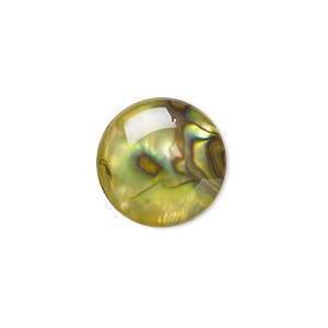 Cabochon, paua shell (coated / dyed), gold, 15mm calibrated round, Mohs hardness 3-1/2. Sold per pkg of 4.