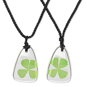 Necklace, resin / four-leaf clover / cotton, green / clear / black, 35x22mm triangle, adjustable from 16-1/2 to 22 inches. Sold per pkg of 2.