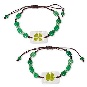 Bracelet, resin / 4-leaf clover / cotton, green / clear / brown, 8mm round / 10x7mm oval / 28x19mm domed rectangle, adjustable from 5-9 inches with macram&#233; knot closure. Sold per pkg of 2.