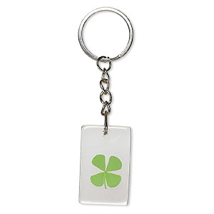Key ring, resin / 4-leaf clover / nickel-plated steel, clear and green, 39x24mm rectangle. Sold per pkg of 5.