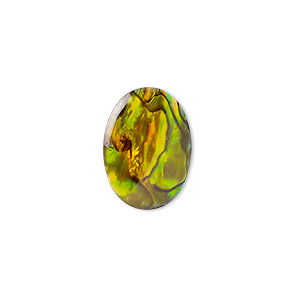 Cabochon, paua shell (coated / dyed), gold, 18x13mm calibrated oval, Mohs hardness 3-1/2. Sold per pkg of 4.