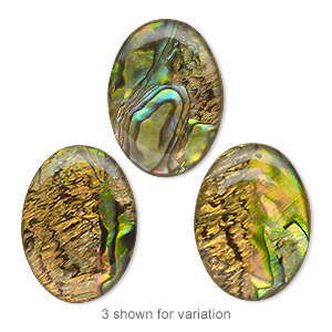 Cabochon, paua shell (coated / dyed), gold, 30x22mm calibrated oval, Mohs hardness 3-1/2. Sold individually.