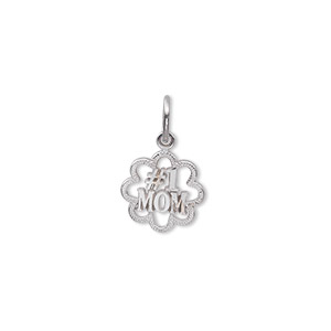 Charm, antiqued 14KtW white gold, 11x11mm single-sided textured &quot;#1 MOM.&quot; Sold individually.