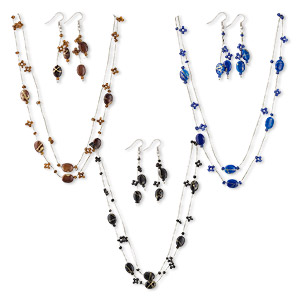 Necklace and earring set, acrylic / glass seed bead / nylon / imitation rhodium-plated steel, black / brown / cobalt, 11x9mm flat oval, 18 inches with lobster claw clasp and 1-1/2 inch extender chain, 2-1/2 inch earrings with fishhook earwires. Sold per pkg of 3 sets.