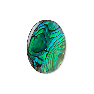 Cabochon, paua shell (coated / dyed), green, 25x18mm calibrated oval, Mohs hardness 3-1/2. Sold individually.