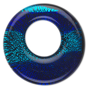 Focal, lampworked glass, blue / dark blue / black with silver-colored foil, 45mm single-sided round go-go. Sold individually.