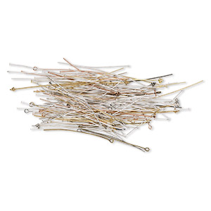 Head pin and eye pin mix, brass / steel / pewter (tin-based alloy), multi-finished, 2 to 2-1/2 inches, 18-26 gauge. Sold per 25-gram pkg, approximately 135 findings.
