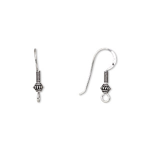 Ear wire, antiqued sterling silver, 26mm fishhook with 5mm fancy round and 5mm coil with open loop, 20 gauge. Sold per pkg of 2 pairs.