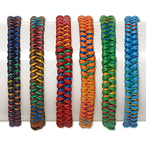 Bracelet mix, cotton and nylon, multicolored, 8mm flat braid, adjustable from 6 to 8-1/2 inches with tie closure. Sold per pkg of 6.