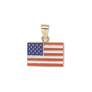 Pendant, 14Kt gold and enamel, red/white/blue, 18x12mm single-sided USA flag. Sold individually.