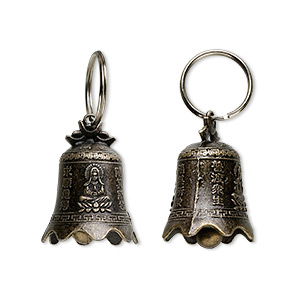 Bell, antique brass-finished &quot;pewter&quot; (zinc-based alloy), 42x30mm bell with clapper and Quan Yin design. Sold per pkg of 4.