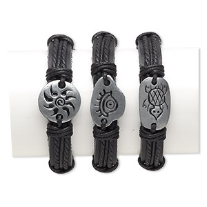 Bracelet mix, leather (dyed) / waxed cotton cord / pewter (tin-based alloy), black, 17-24mm mixed shape, adjustable from 6-8 inches with knot closure. Sold per pkg of 3.