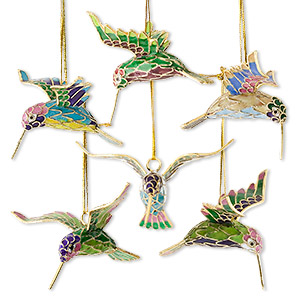 Ornament, cloisonn&#233;, enamel and gold-finished brass, multicolored, 2-3/4 x 2-1/2 x 1-1/2 inch hummingbird. Sold per set of 6.