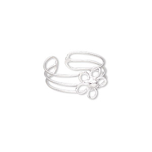 Ring, silver-plated brass, 10mm wide with 10mm flower, adjustable. Sold individually.