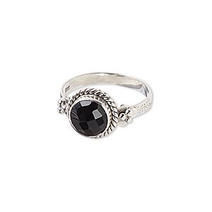 Ring, black onyx (dyed) and sterling silver, 11mm round with 8mm faceted round, size 7-1/2. Sold individually.
