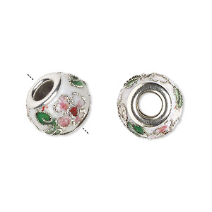 Bead, Dione&reg;, cloisonn&#233;, enamel and silver-plated brass grommets, white / pink / green, 14x10mm rondelle with flower and leaves design. Sold per pkg of 4.