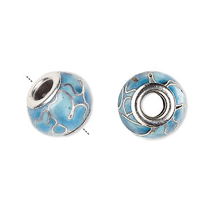 Bead, Dione&reg;, cloisonn&#233;, enamel and silver-plated brass grommets, aqua, 14x10mm rondelle with flower design. Sold per pkg of 4.