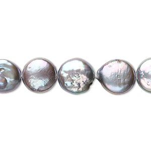 Pearl, cultured freshwater (dyed), silver peacock, 10-12mm flat round, C- grade, Mohs hardness 2-1/2 to 4. Sold per 8-inch strand, approximately 15 beads.