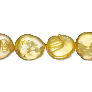 Pearl, cultured freshwater (dyed), gold, 10-12mm flat round, C- grade, Mohs hardness 2-1/2 to 4. Sold per 8-inch strand, approximately 15 beads.