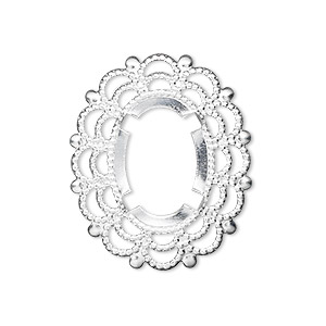 Component, silver-plated brass, 30x25mm oval with 18x13mm 4-prong oval setting. Sold per pkg of 12.