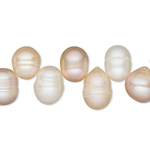 Pearl, cultured freshwater, white / peach / mauve, 13x8mm-13x10mm top-drilled rice, D grade, Mohs hardness 2-1/2 to 4. Sold per 16-inch strand.