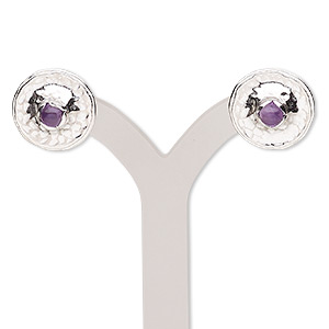 Earring, amethyst (natural) and sterling silver, 14mm hammered round with post. Sold per pair.