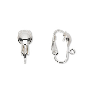 Earring, clip-on, sterling silver, 16mm hinged with 7mm half ball and open loop. Sold per pair.