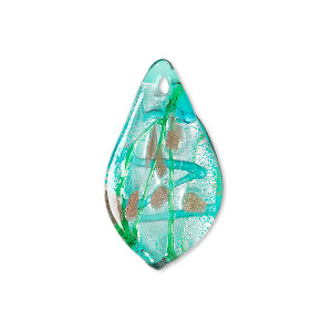 Drop, lampworked glass, semitransparent clear/blue/green with copper-colored glitter and silver-colored foil, 28x16mm single-sided flat leaf. Sold per pkg of 2.