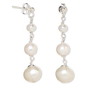 Earring, cultured freshwater pearl (bleached) sterling silver, white, 38mm with graduated round and post. Sold per pair.