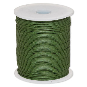 Cord, waxed cotton, dark green, 1mm, 20-pound test. Sold per 100-meter spool.