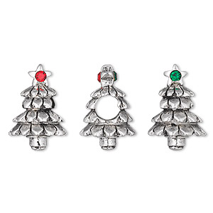 Bead, Dione&reg;, crystals and antique silver-plated pewter (tin-based alloy), light Siam and emerald, 17x12mm 3D Christmas tree. Sold individually.