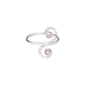 Toe ring, glass rhinestone and sterling silver, pink, 16mm wide with double spiral, adjustable. Sold individually.