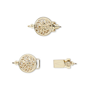Clasp, tab with safety, 14Kt gold, 9mm round with flower design. Sold individually.