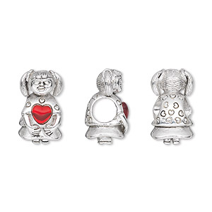 Bead, Dione&reg;, antique silver-plated pewter (tin-based alloy) and glass, red, 15x9mm girl with heart, 5mm hole. Sold individually.
